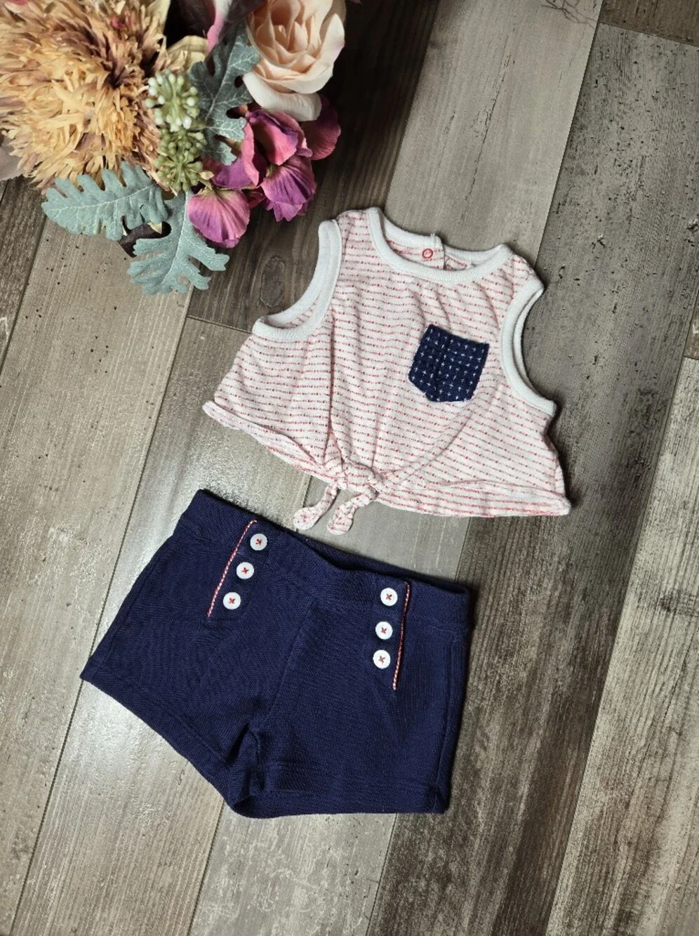 Baby Girl Red‑Striped Top & Navy Shorts Set – Size 12m / 6–12m